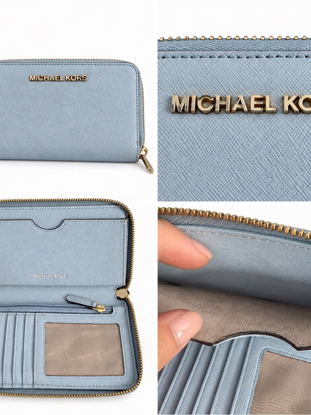 Michael Kors Light Blue Saffiano Leather Continental Zip Wristlet Wallet